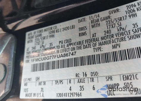 2015 Ford Escape Se z USA, uszkodzony, nr VIN 1FMCU0G77FUA86747